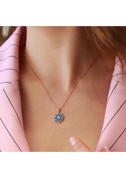 Mavi Zirkon Mini Kamelya Çiçeği Rose Gold Kaplama Gümüş Kolye