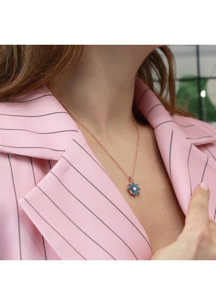 Mavi Zirkon Mini Kamelya Çiçeği Rose Gold Kaplama Gümüş Kolye