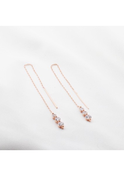 Tria Model Zirkon Taşlı Rose Gold Kaplama Gümüş Zincir Küpe