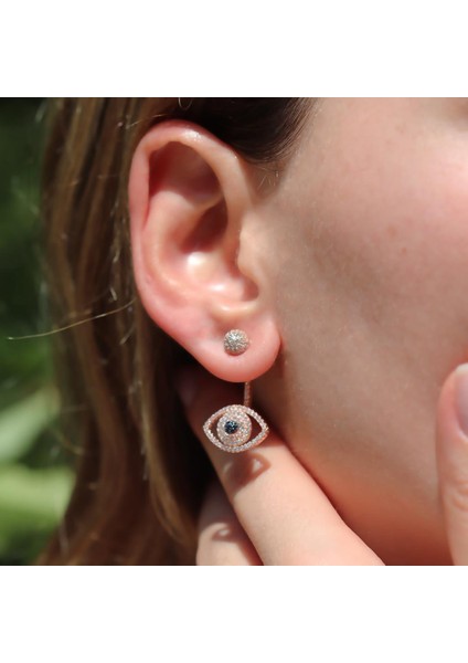 Zirkon Taşlı Rose Gold Kaplama Göz Gümüş Küpe