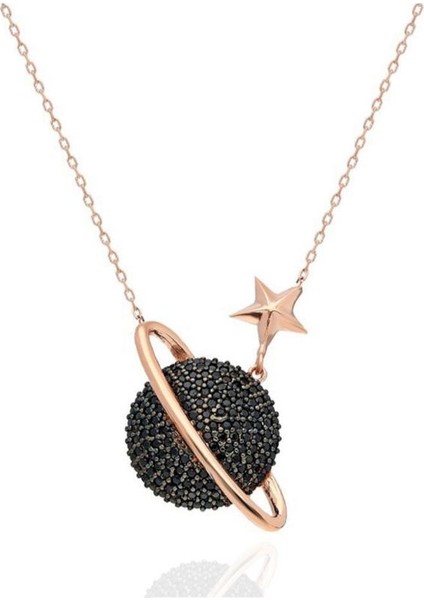 Rose Renk Gezegen Kolye Siyah Taşlı Gümüş Kadın Kolye