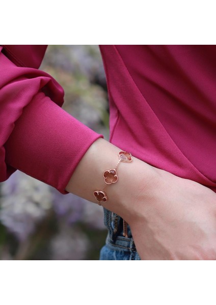 3 İkonik Alhambra Yonca Zultanit Taşlı Rose Gold Kaplama Asansörlü Bileklik