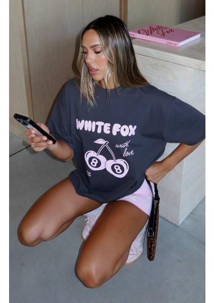 White Fox Kadın Füme With Love Limited Edition Baskılı Bisiklet Yaka Regular T-Shirt