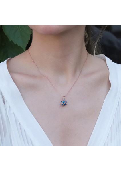 Nazar Boncuklu Rose Gold Kaplama Top Gümüş Kolye