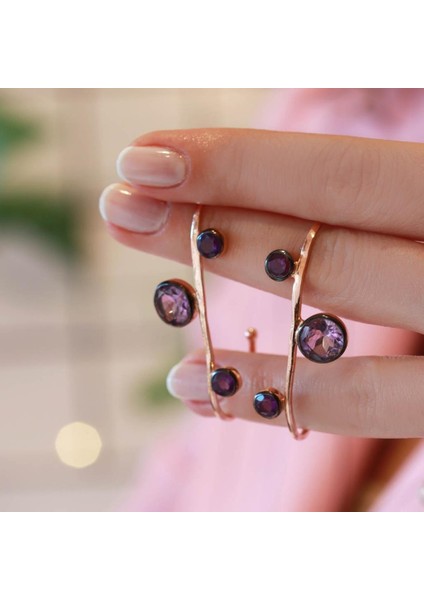 Ametist Taşlı Dal Model Rose Gold Kaplama Gümüş Küpe