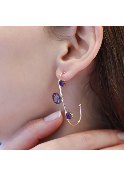 Ametist Taşlı Dal Model Rose Gold Kaplama Gümüş Küpe