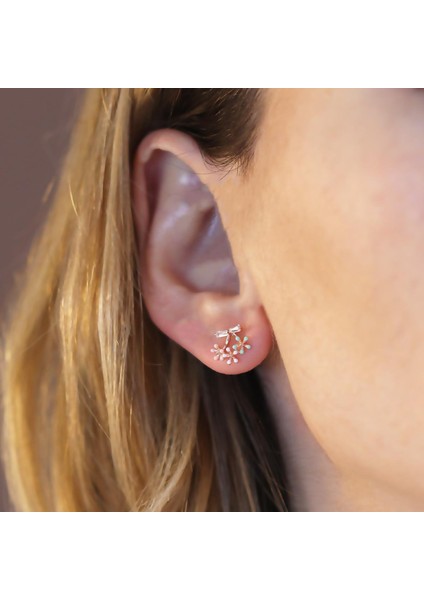 Mini Renkli Çiçek Fiyonk Modeli Rose Gold Kaplama Gümüş Küpe modelleri
