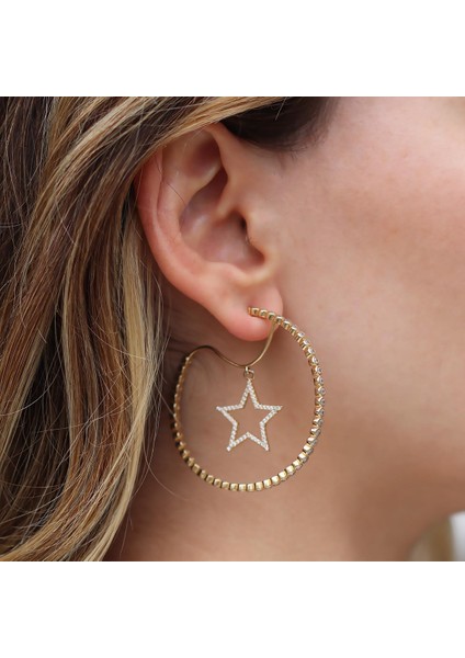 Star Halka Zirkon Taşlı Gold Kaplama Gümüş Küpe