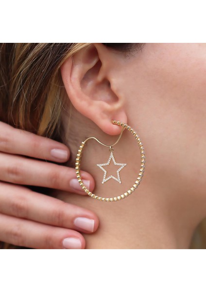 Star Halka Zirkon Taşlı Gold Kaplama Gümüş Küpe