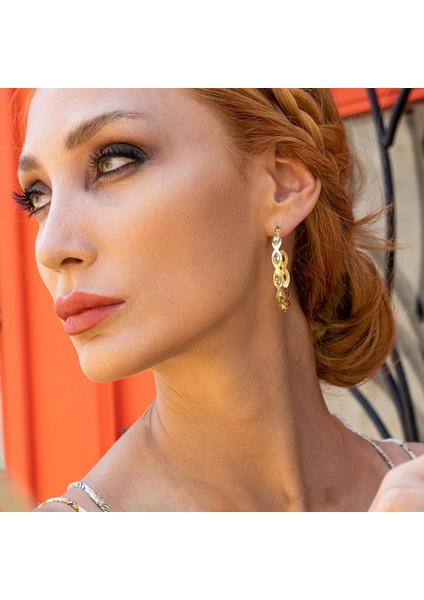 Peridot Taşlı Mekik Modeli Gold Kaplama Gümüş Halka Küpe