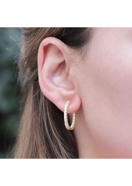Iç ve Dışı Zirkon Taşlı Gold Kaplama 2 cm Halka Gümüş Küpe fiyatları