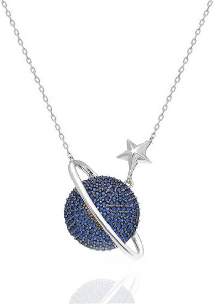 Gezegen Kolye Mavi Taşlı Gümüş Kadın Kolye