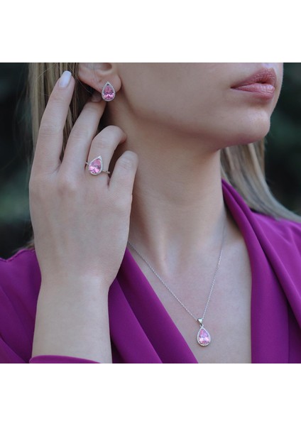 Pembe Zirkon Taşlı Damla Modeli Gümüş Takım