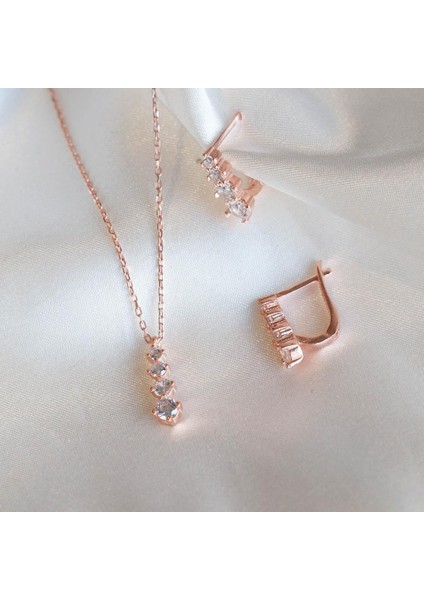 4 Taşlı Rose Gold Kaplama Gümüş Takım