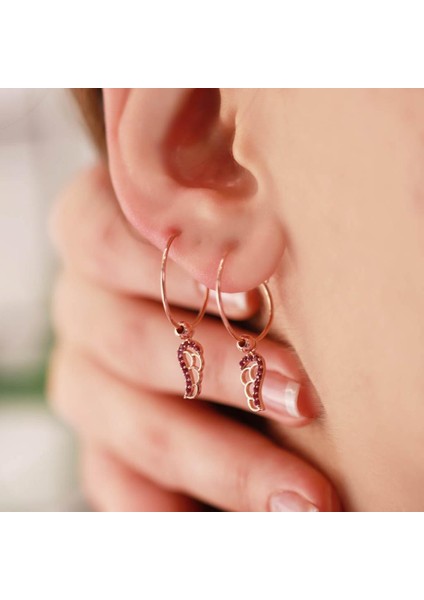 Melek Kanadı Fuşya Zirkon Taşlı Rose Gold Kaplama Gümüş Halka Küpe