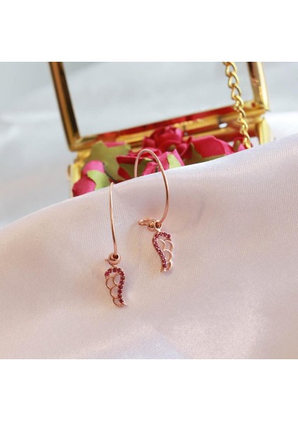 Melek Kanadı Fuşya Zirkon Taşlı Rose Gold Kaplama Gümüş Halka Küpe modelleri