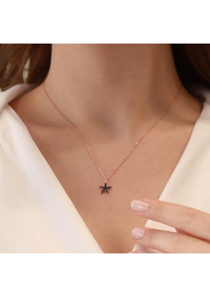Mini Yıldız Siyah Zirkon Taşlı Rose Gold Kaplama Gümüş Kolye modelleri