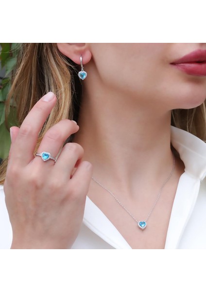 Kalp Pandora Model Aquamarine Taşlı Gümüş Set