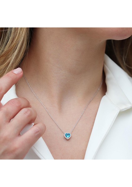 Kalp Pandora Model Aquamarine Taşlı Gümüş Set