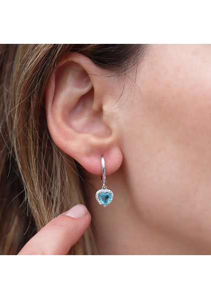 Kalp Pandora Model Aquamarine Taşlı Gümüş Set