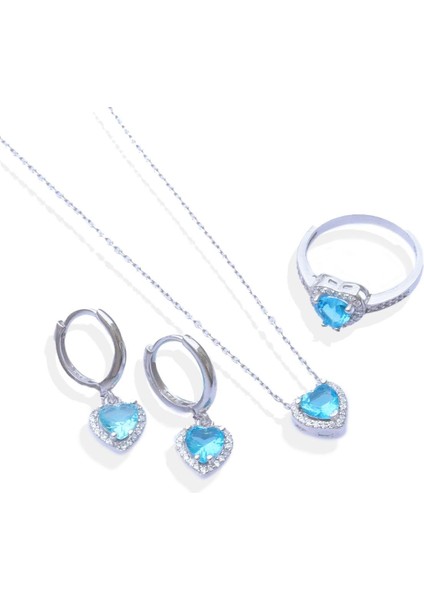 Kalp Pandora Model Aquamarine Taşlı Gümüş Set