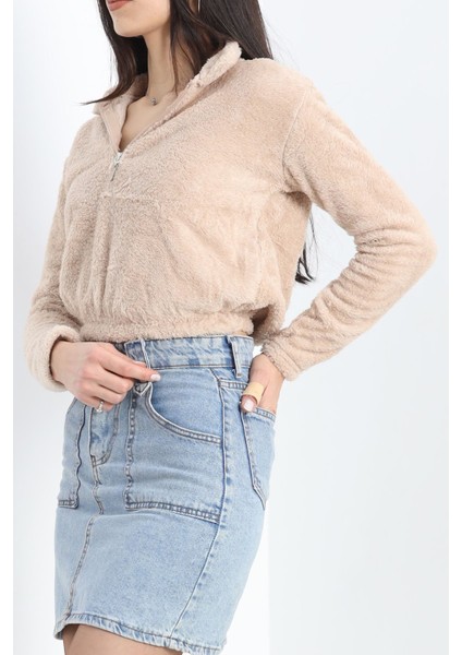 Fermuarlı Crop Peluş Sweat Bej - 9060.1153.