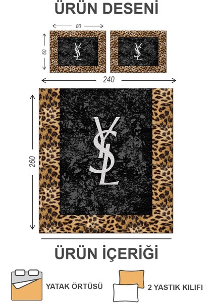 Pamuk Dolgulu Kadife Kumaşlı Kapitoneli Leoparlı Çift Kişilik Yatak Örtüsü Seti