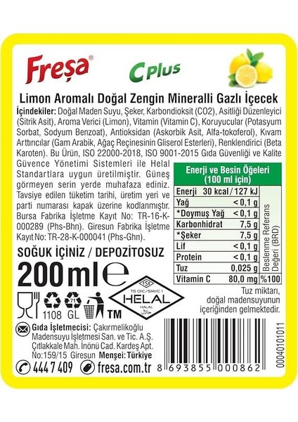 C Plus Limon Aromalı Maden Suyu 200 ml x 24 Adet