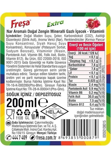 Extra Nar Aromalı Maden Suyu 200 ml x 6 Adet
