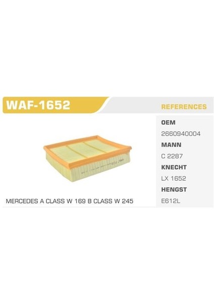 WAF-1652 Hava Filtresi Mercedes A150 A160 A170 A180 A200 B150 B160 B170 B180 B200 Kolı: 36 Ad FN4802