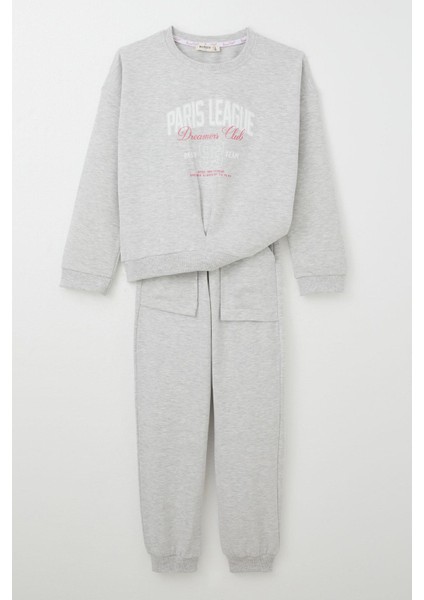 Kız Çocuk Eşofman Takım Lig Temalı Ön Kısmı V Dikişli 5-10 Yaş, Açık Gri Melanj