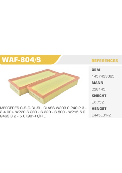 WAF-804S Hava Filtresi Mercedes C Seri Çiftli Kolı: 20 Ad