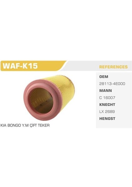 WAF-K15 Hava Filtresi Bongo K2500 03-(Uzun-Çift Teker) 2.5d Kolı: 18 Ad FN0007