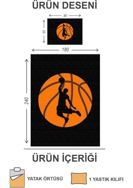 Kapitoneli Pamuk Dolgulu Kadife Kumaş Basketbol Desenli Tek Kişilik Çocuk Genç Yatak Örtüsü Seti
