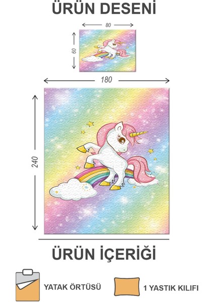 Kapitoneli Pamuk Dolgulu Kadife Kumaş Unicorn Desenli Tek Kişilik Çocuk Genç Yatak Örtüsü Seti