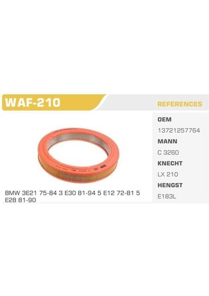 WAF-210 Hava Filtresi Bmw 3 E21 80-82 316 90HP Kolı: 12 Ad