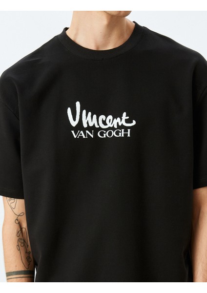 Bisiklet Yaka Kısa Kollu Pamuklu Oversize Lisanslı Van Gogh Baskılı Tişört