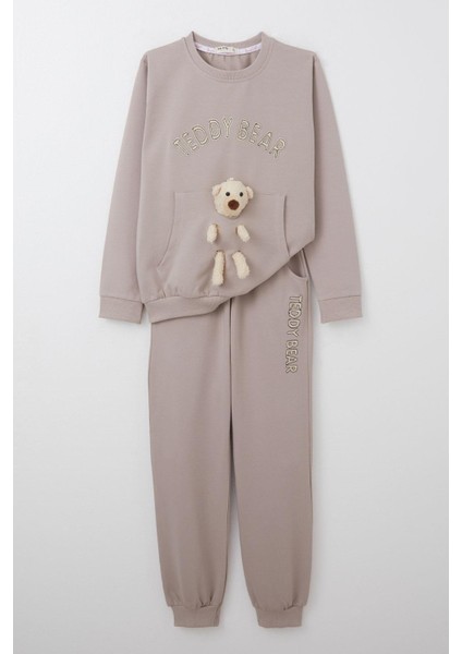 Kız Çocuk Eşofman Takım Ayıcık Aksesuarlı Yazı Nakışlı 5-9 Yaş, Vizon