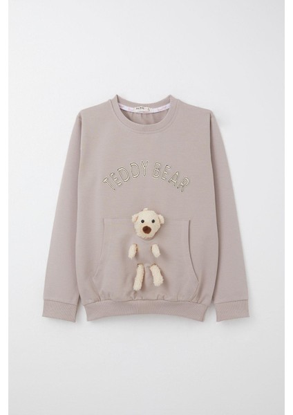 Kız Çocuk Eşofman Takım Ayıcık Aksesuarlı Yazı Nakışlı 5-9 Yaş, Vizon fiyatları