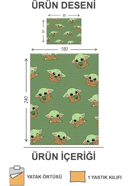 Kapitoneli Pamuk Dolgulu Kadife Kumaş Yoda Desenli Tek Kişilik Çocuk Genç Yatak Örtüsü Seti