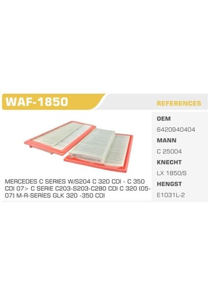 WAF-1850 Hava Filtresi Mercedes C Serisi E Serisi Glk Serisi Kolı: 20 Ad