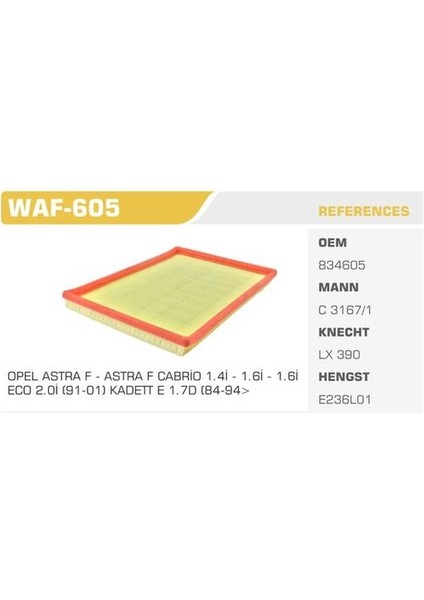 WAF-605 Hava Filtresi Astra F 91-98 1.4l 1.6l 1.7td 1.8ı 2.0 Kolı: 36 Ad FN4306
