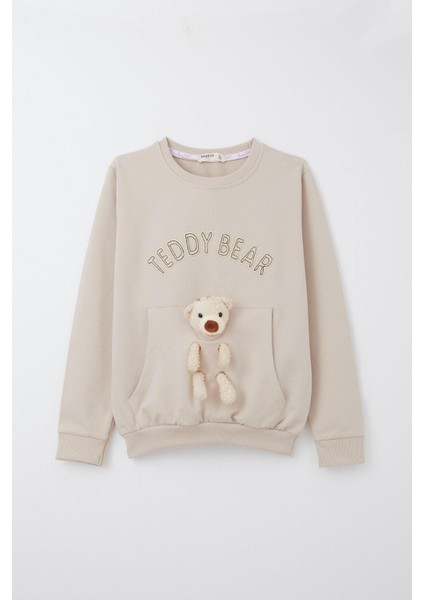 Kız Çocuk Eşofman Takım Ayıcık Aksesuarlı Yazı Nakışlı 5-9 Yaş, Bej fiyatları