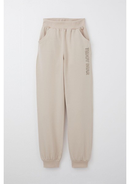 Kız Çocuk Eşofman Takım Ayıcık Aksesuarlı Yazı Nakışlı 5-9 Yaş, Bej modelleri