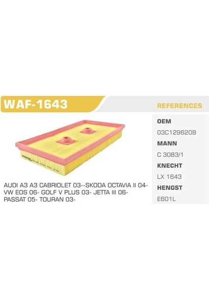 WAF-1643 Hava Filtresi Golf V Bora Iı Jetta Iıı Passat Touran A3 Octavia 1.6 Fsı Blf Kolı: 56 Ad FN4707
