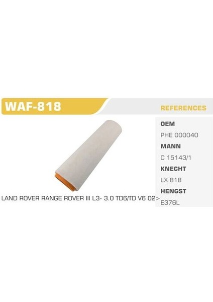 WAF-818 Hava Filtresi Bmw 3 E46 Bmw 5 E39 Bmw X3 Bmw X5 Bmw X6 330D 530D 3.0d 3.0 Td6 Kolı: 20 Ad FN0212