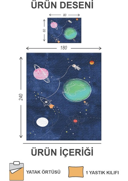 Kapitoneli Pamuk Dolgulu Kadife Kumaş Uzay Desenli Tek Kişilik Çocuk Genç Yatak Örtüsü Seti