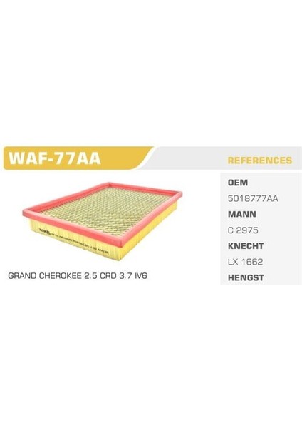 WAF-77AA Hava Filtresi Cherokee 01-Commander 05-2.5 Crdı 2.8 Crdı 3.0 Crdı 3.7 4.7 Kolı: 36 Ad FN6102