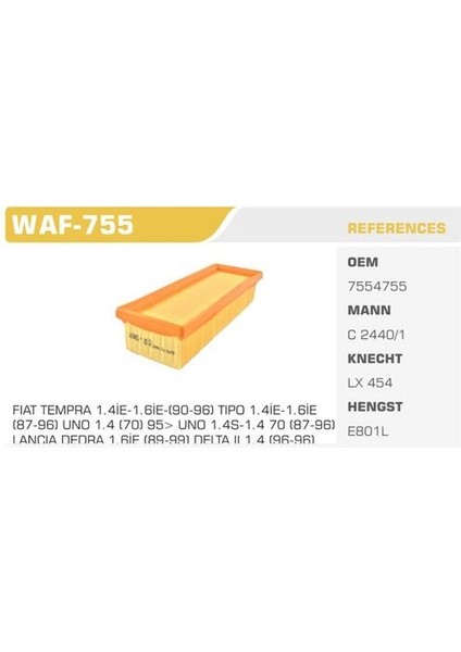 WAF-755 Hava Filtresi Tempra Tipo Uno 70 1.4le Kolı: 50 Ad FN4102