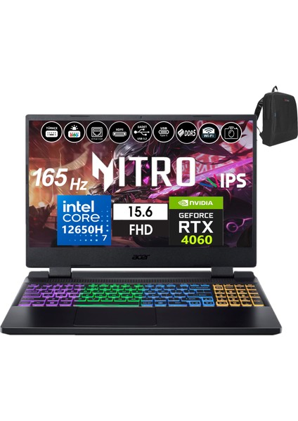 Nitro 5 AN515-58 Intel Core I7-12650H 32GB Ddr5 4tb SSD 8GB/RTX4060 Freedos 15.6" 165Hz Fhd IPS Taşınabilir Bilgisayar WNHQM0EY00B08+WEBLEGELSINÇANTA